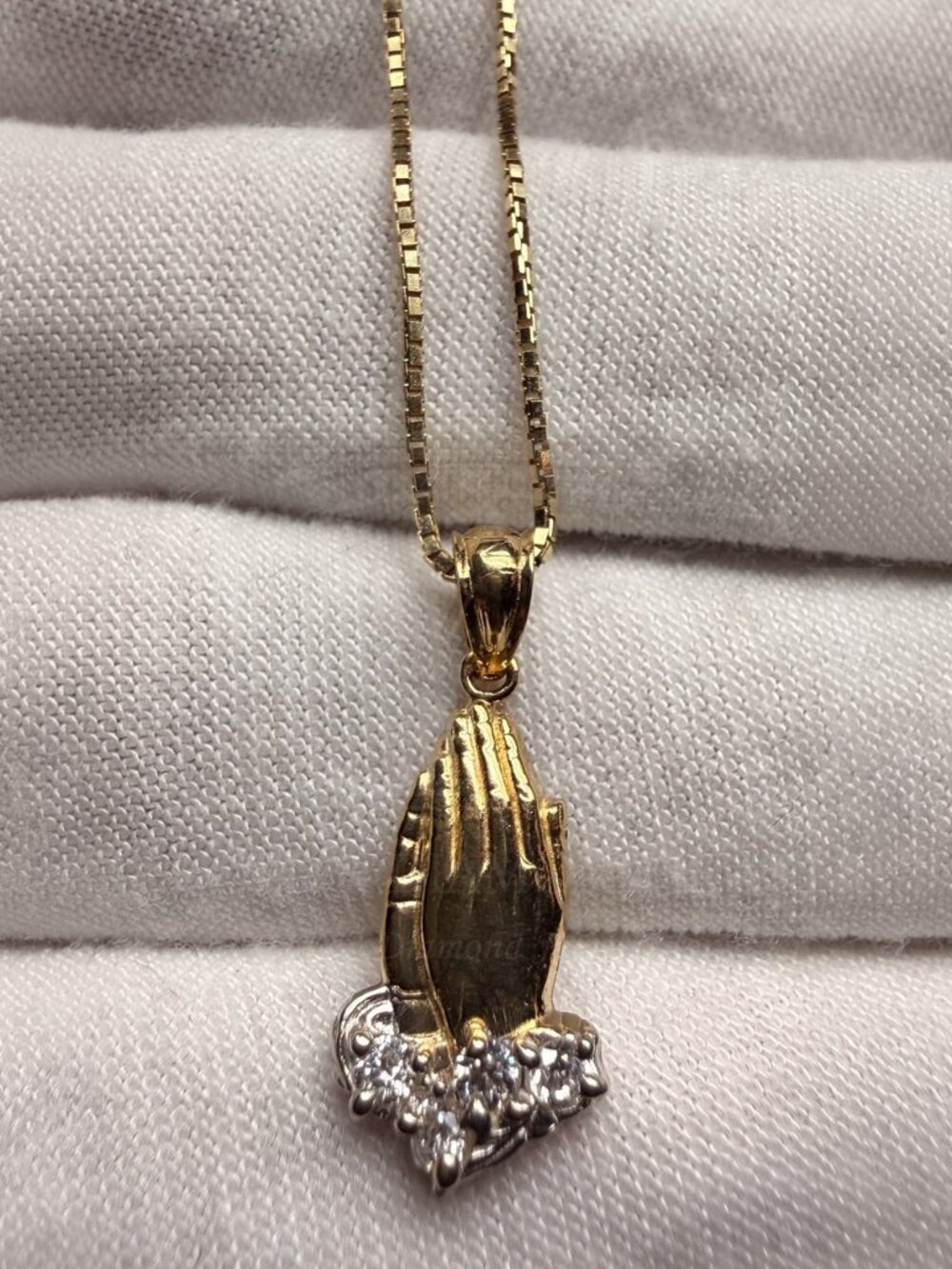 14K Two Tone Gold Cubic Z. Praying Hands Pendant With 0.8mm Box Chain - 18 inch